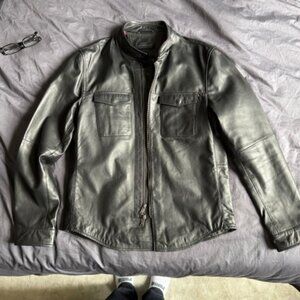 John Varvatos Men's Long Sleeve Leather Shirt Jacket with Banded Collar